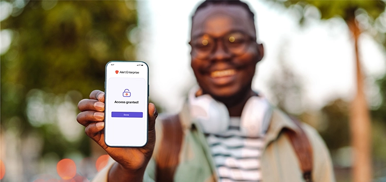 Student holding mobile phone