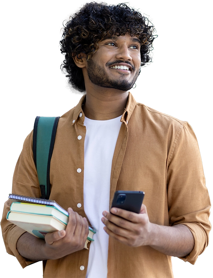 student with phone and books