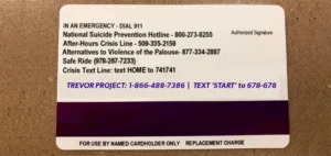 Campus card with Trevor Project hotline printed on back