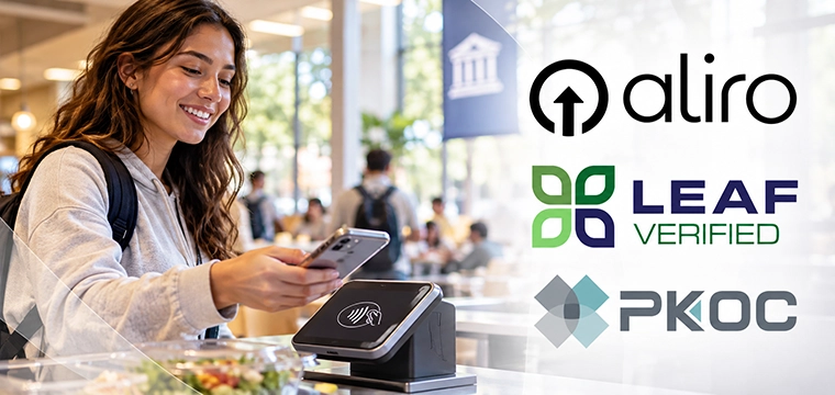 Open standards for campus mobile credentials image of student using a phone to pay at a POS terminal. Includes the Aliro, PKOC, and Leaf Verified logos.