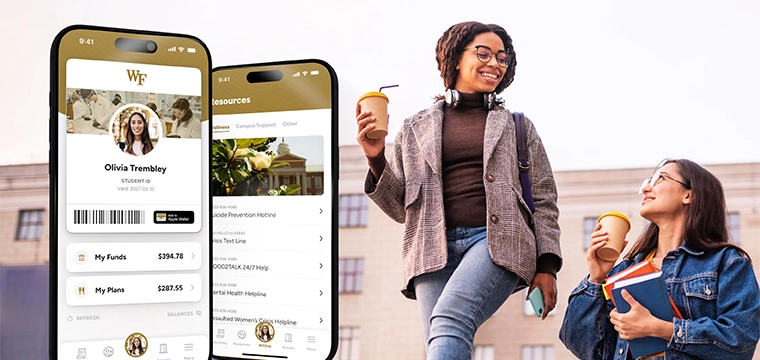 Wake Forest Mobile ID on cell phone with two students in background